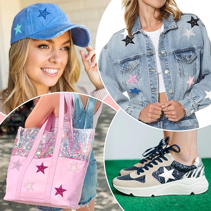 30Pcs Glitter Star Iron on Patches Bling Star Patches Applique for Clothing Hats Jacket Jeans Backpack