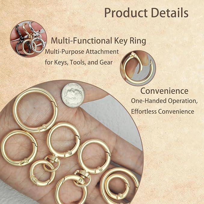 8PCS Metal Spring O Ring Set, Mixed Sizes Round Carabiner Keychain Snap Hooks for Key Rings, Bags, Dog Tags, Buckle, Paracord, Lanyards, and DIY Repair Crafts (Gold)