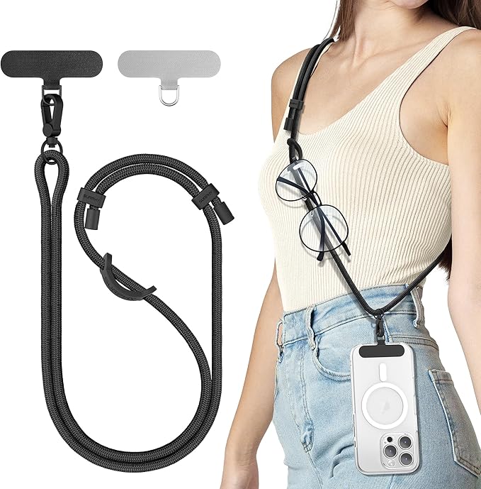 SURPHY Phone Lanyard, Adjustable Phone Strap Crossbody with 2 Pack Cell Phone Tether Tab, Premium Metal Buckles, Skin-Friendly, Universal Cell Phone Lanyard Crossbody for Women and Men, Black