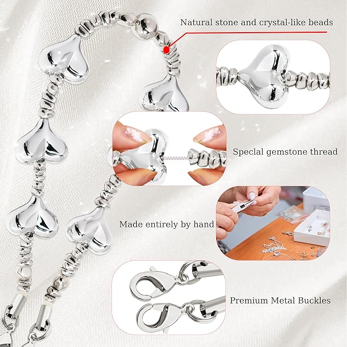 Marble Beaded Phone Wrist Strap,Detachable Phone Bracelet Strap with Tether Tab,Hands-Free Wristlet Strap (Silver Love)