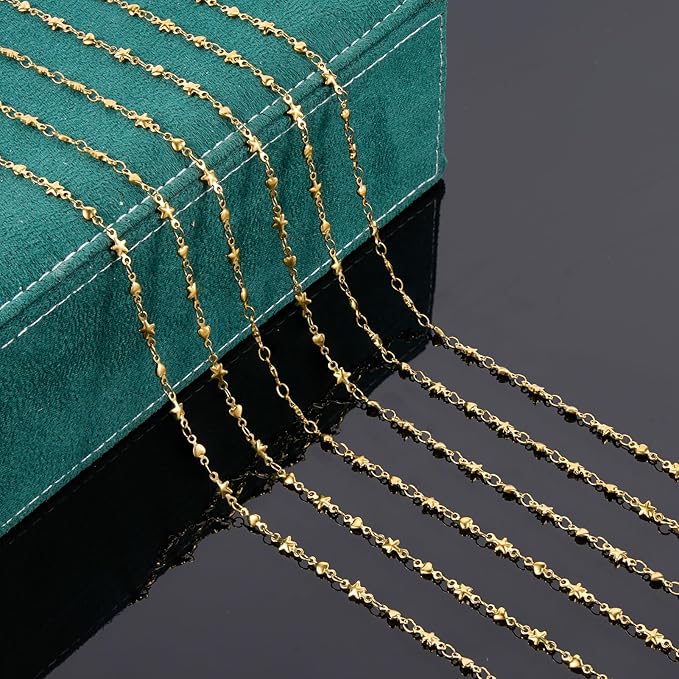 UMAOKANG 13 Feet Gold Plated Chain for Jewelry Making Stainless Steel Star Heart Chain on Spool with Jump Rings and Lobster Clasps