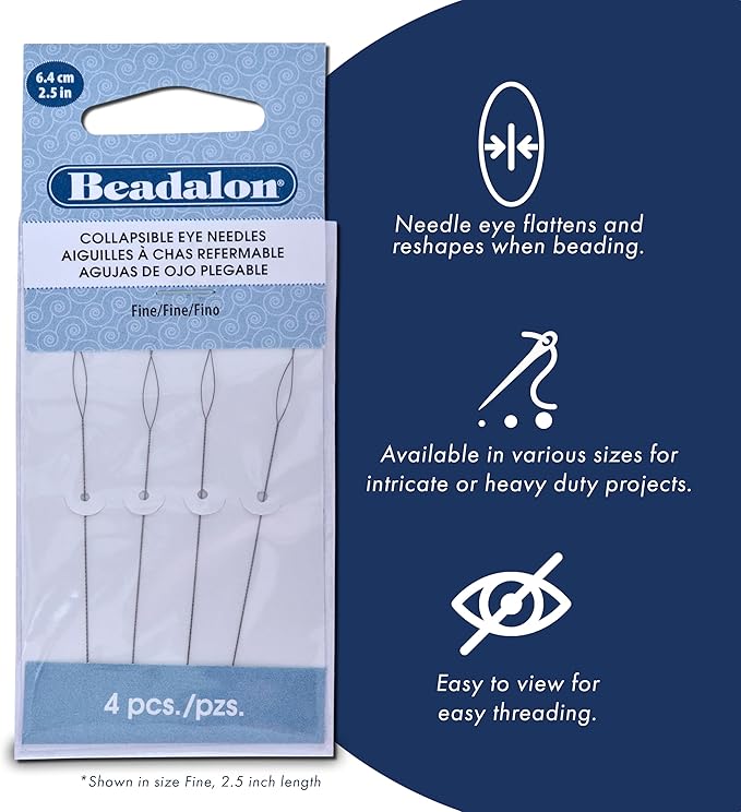 Beadalon Collapsible Eye Needles, Variety Pack, Fine 0.30 mm / .012 in, Medium 0.36 mm / .014 in, Heavy 0.51 / .020 in, 5 in / 12.7 cm Length, 3 pc Total