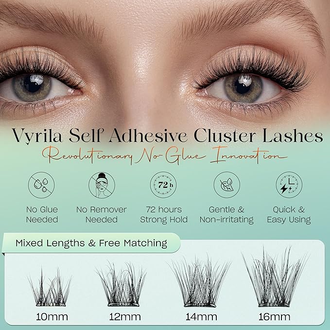 VYRILA Self-Adhesive Lash Cluster, 100pcs Pre-Glued Clusters, Pop-On Faux Eyelashes, 3D Band D Curl Natural Look Lahses, Easy to Apply, Reusable 0.05mm Eyelash Extensions (Green Joy-D-0.05-10-16mix)