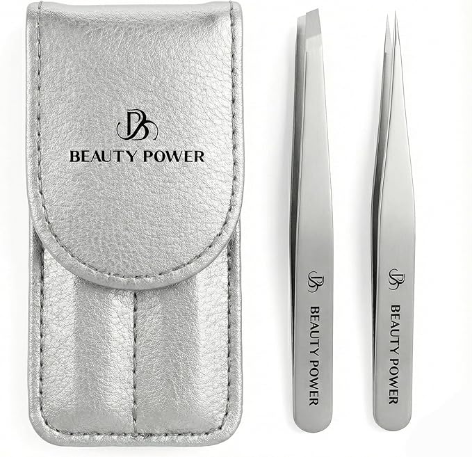 Beauty Power Professional Tweezers Set – Slant & Point, Ultra Precision German Stainless Steel Tweezers for Eyebrows, Chin, Ingrown Hair & Facial Grooming – Lightweight with Travel Case (Matte Grey)