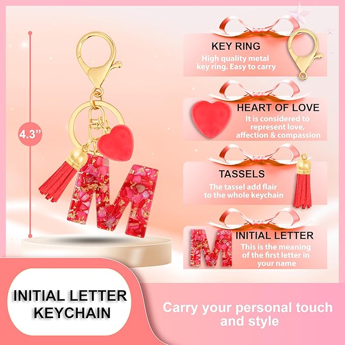 Initial Keychains for Women with Cute Heart Resin - Alphabet Letter Keychain for Bag, Backpacks, Purse or Car key