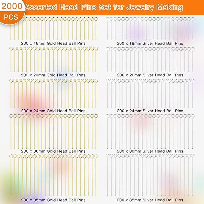 2000pcs Assorted Head Pins Set for Jewelry Making,Open Eye Pin Head Pins Eye Pins Findings Beading Pins for DIY Craft Making,Gold/Silver(18mm,20mm,24mm,30mm,35mm)