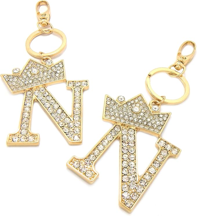 CBC Crown Crystal Rhinestone Letter Initial Keychain, Gold Metal, Bag Charm with Key Ring Approx. 2.17" x 2.56"