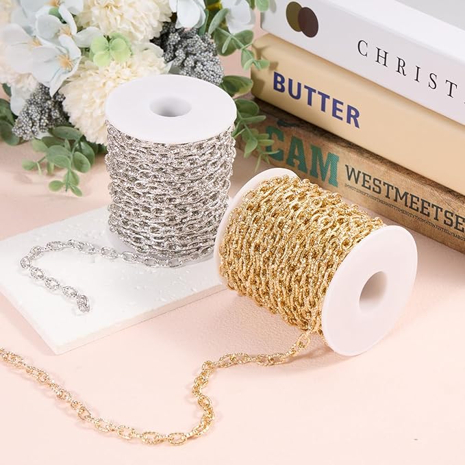 BORUINIE Silver Bulk Chain for Jewelry Making 33 Feet Aluminum Textured Oval Rolo Chains Spool for Crafts Bracelet Necklace Jewelry Making