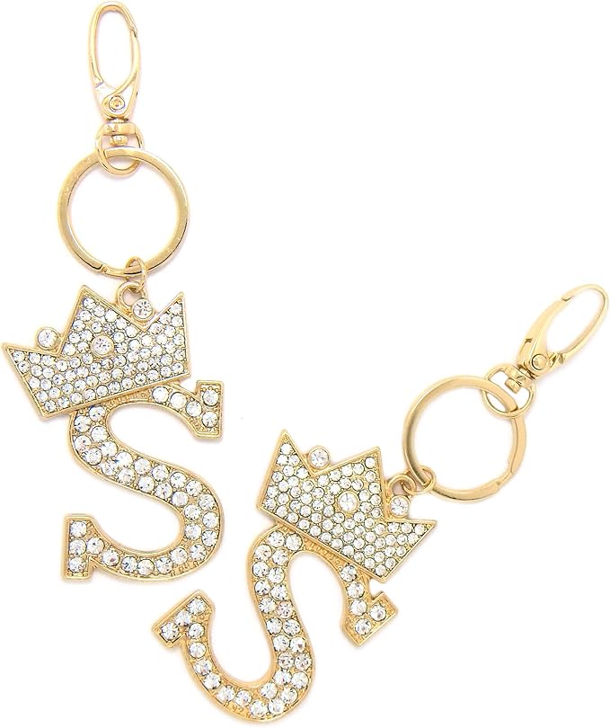 CBC Crown Crystal Rhinestone Letter Initial Keychain, Gold Metal, Bag Charm with Key Ring Approx. 2.17" x 2.56"