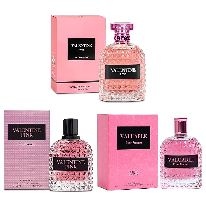 A CENTER Perfume Set for Women - 3PCS Floral Long Lating Fragrance with Jasmine, Rose & Lily of the Valley | 3.4 Fl Oz Each Women Cologne Gift Set (Valentine Milano/Valuable/Valentine Pink)