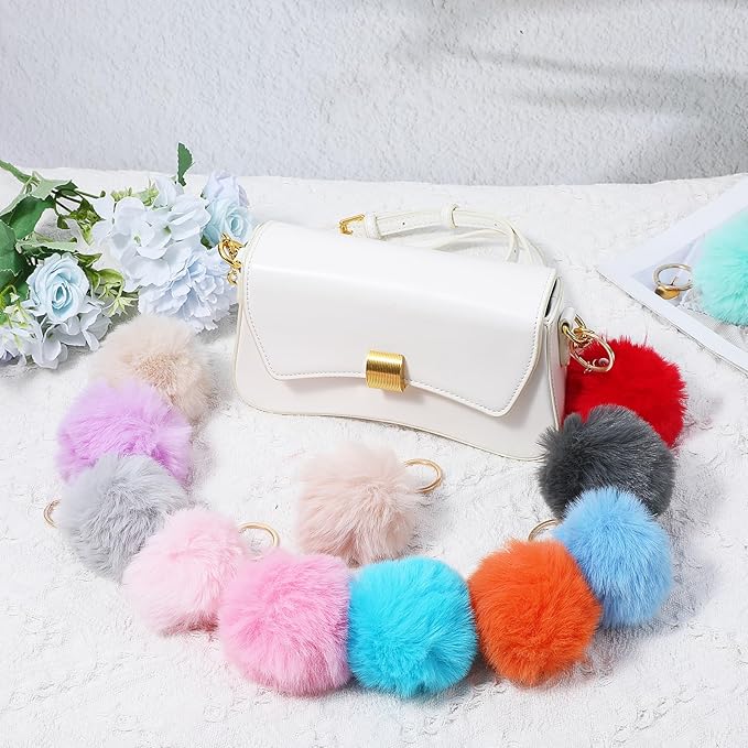 60 Pcs Colorful Pom Poms Keychains Fluffy Ball Bag Keychain Faux Fur Keyring Christmas Party Gifts Bulk Pink Backpack Charms Accessory for Women for Handbag Tote Bag Pendant Purse
