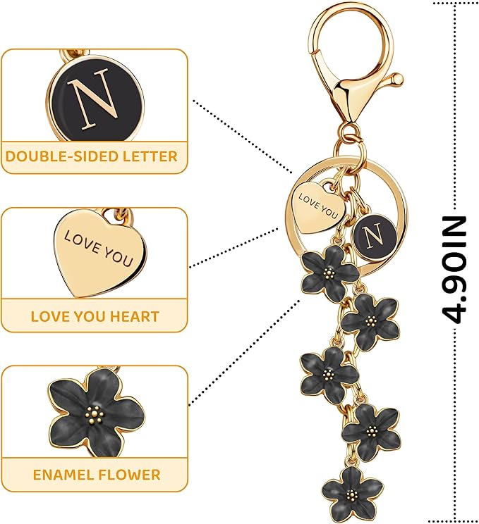Suweibuke Cute Initial Letter Keychain with Love You Heart, Enamel Flower Charm for Key Handbag Backpack - Women Girls Gifts