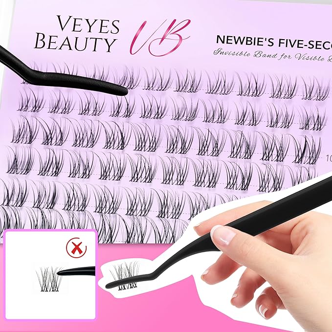 VEYESBEAUTY Aliva Cluster Lashes Kit Individual Lash Extensions Newbie's Five-Second DIY Dramatic Volume Eyelash Wispy Faux Mink Lash Mixed Length Tray with Bond & Seal, Applicator at Home