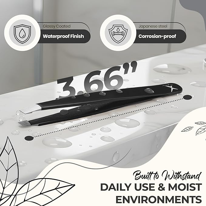 Professional Slant Tip Eyebrow Tweezers for Women & Men – Precision Hair Removal Tool – Stainless Steel Tweezers for Eyebrow Shaping, Facial Hair, Ingrown Hair & Splinter Removal (Lustrous Black)