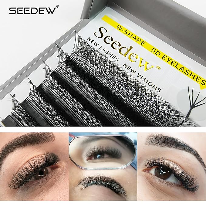 SEEDEW 5D Lash Extensions, 0.07mm C Curl 10mm 12 Rows/Tray, W Shape Flat Stem, Korean PBT Volume False Eyelashes Grafting for Beginner Artist, Lash Tech, Beauty Salon(5D-Matte Black-0.07-C-10mm)