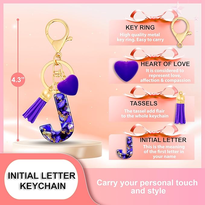 Initial Keychains for Women with Cute Heart Resin - Alphabet Letter Keychain for Bag, Backpacks, Purse or Car key