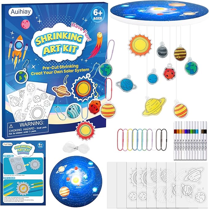 Auihiay 33Pcs Shrink Plastic Sheets Kit, 18 Pre-Cut Solar System Charms, 2 Blank Shrink Papers, 12 Color Markers, Planet-Themed KT Board for Window Hanging Decor