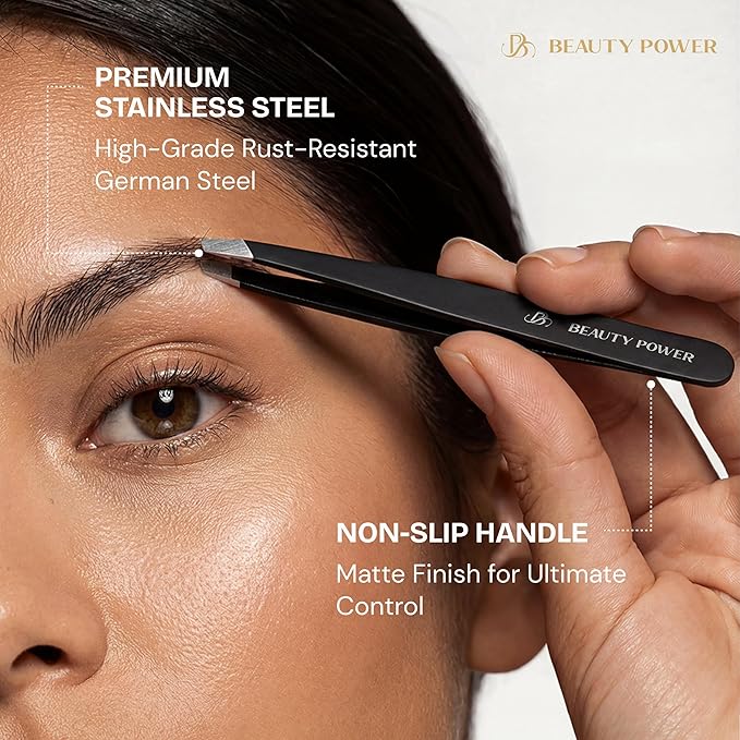 Beauty Power Professional Ultra-Precision Slant Tweezers for Women Facial Hair - German Stainless Steel, Tweezers for Men & Women, Black Eyebrow Tweezer for Ingrown Hair - Black