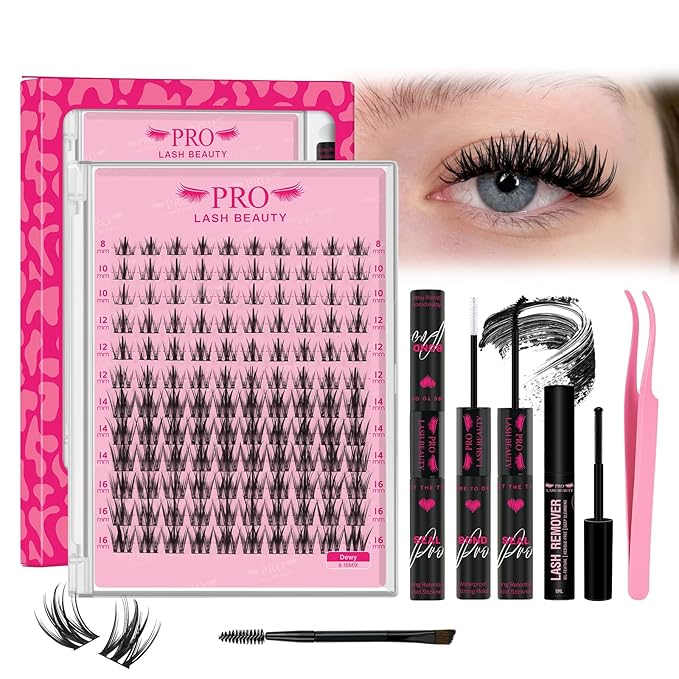 Lash Clusters Kit with Lash Bond and Seal Eyelash Applictor Lash Remover DIY Lash Extension Kit for Beginner Waterproof Resuable Eyelash Extensions at Home (Dewy,8-16mix)