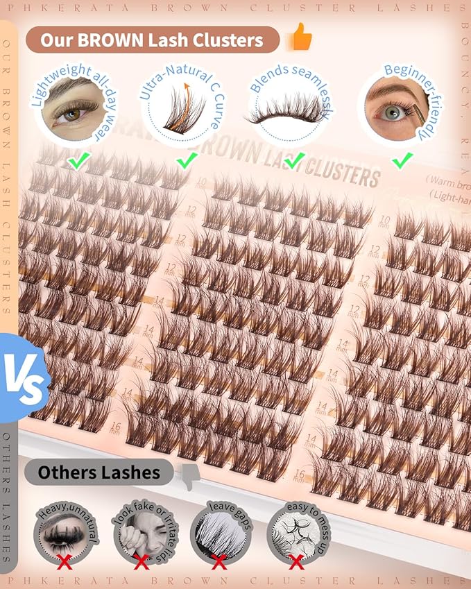 PHKERATA Brown Lash Clusters Wispy Cluster Eyelash Extensions Natural Eyelash Clusters 180Pcs Brown Lashes Clusters 10-16MM DIY Soft Individual Lashes C Curly Eyelash Extension