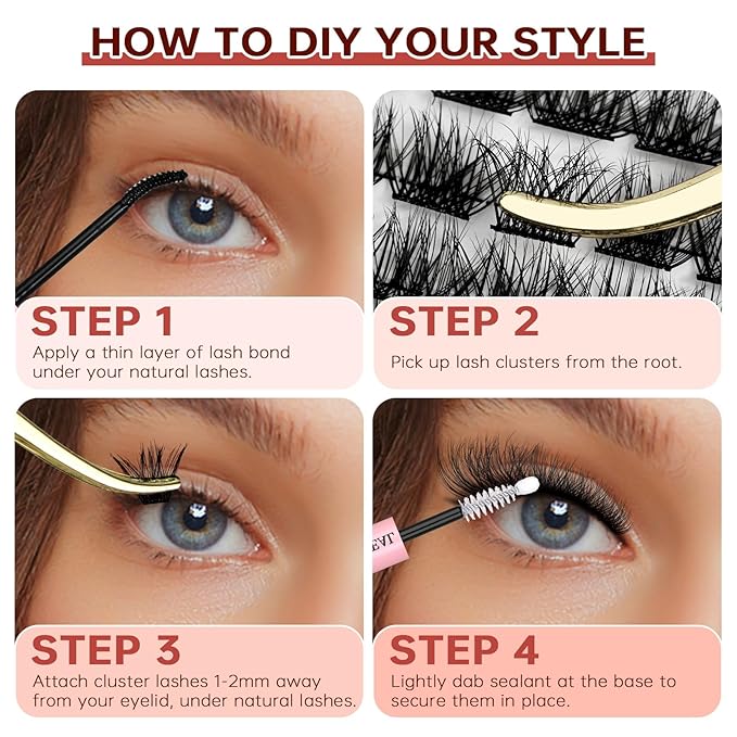 JOLIETIFY Lash Extension Kit, Medium Volume, Fluffy Faux Mink 8–16mm Cluster Lashes, Structured Yet Natural Look, Waterproof Bond & Seal, Individual Lashes with Tweezers & Remover, Beginner Friendly