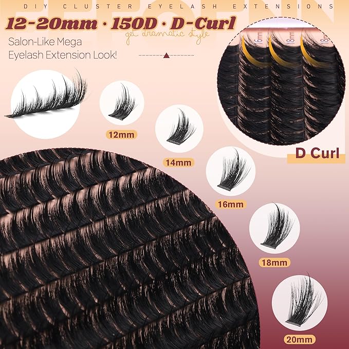 Eefofnn Lash Clusters Kit Manga Eyelash Clusters Wispy Volume Lash Extension Kit 12-20mm Cluster Eyelash Extensions Spiky D Curl Individual Lashes DIY Eyelash Extension Kit with Lash Bond,Seal,Remover