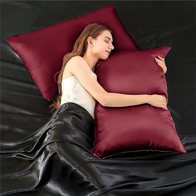 INFIIXSO Mulberry Silk Pillowcase for Hair and Skin, Silk Pillow Cases Queen Size Set of 2 with Hidden Zipper 20x30 Inches, Smooth and Soft Cooling Pillow Cases for Hot Sleepers(Burgundy, 2 Pack)
