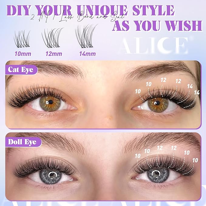 ALICE Natural Lash Extension Kit Lash Clusters Kit Wispy Cluster Eyelash Extension Kit with 135pcs Clear Band C-Curly 10-14mm Eyelash Clusters Lash Glue Bond and Seal