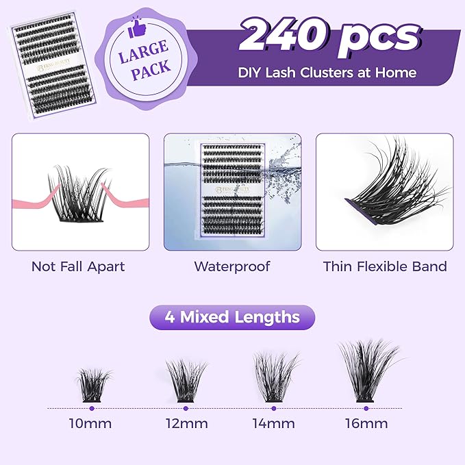 DIY Mega Volume Lash Extension Kit – 240PCS 60D/80D Fluffy Volume Lash Clusters, D Curl Eyelash Clusters with Bond & Seal, Dramatic Wispy Look, 10–16mm Mixed Lengths, Waterproof, Long-Lasting