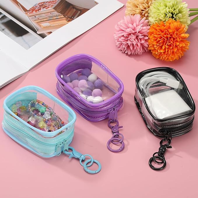 uxcell 3.5 Inch Clear Figure Display Bag, Mini Clear Pouch Waterproof Coin Pouch with Keychain and Pom Poms for Blind Box Doll Display (Square, Red)