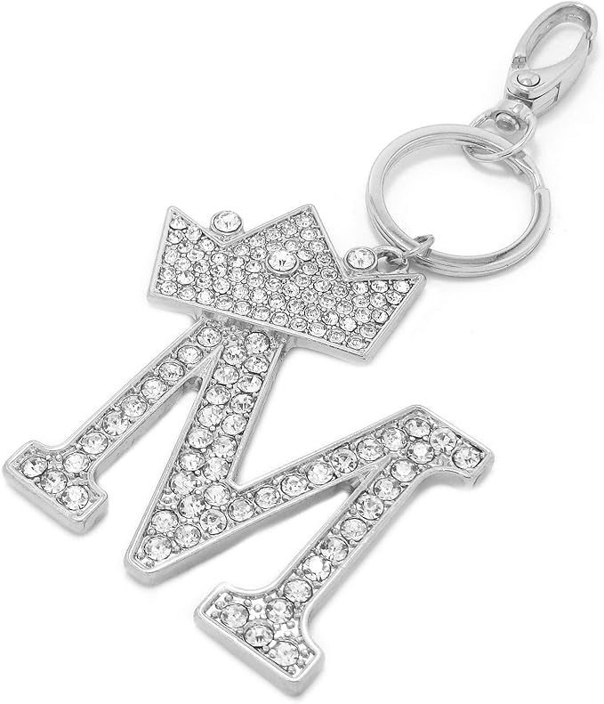 CBC Crown Crystal Rhinestone Letter Initial Keychain, Gold Metal, Bag Charm with Key Ring Approx. 2.17" x 2.56"