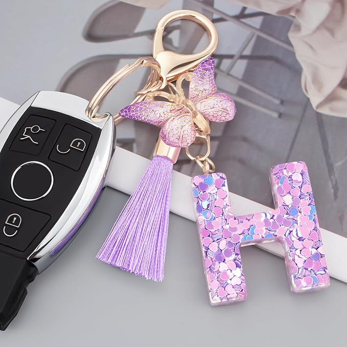 Initial letter Keychains for Women Girls Tassel Butterfly Cute Keychain for Wallet Backpack charm