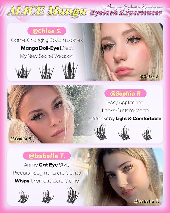 ALICE Lash Clusters Kit Natural Anime Eyelash Clusters Kit 10-14mm Wispy Manga Cluster Eyelash Extension Kit Sipky Clear Band Individual Cluster Lashes with 5-7mm Bottom Lashes Bond and Seal