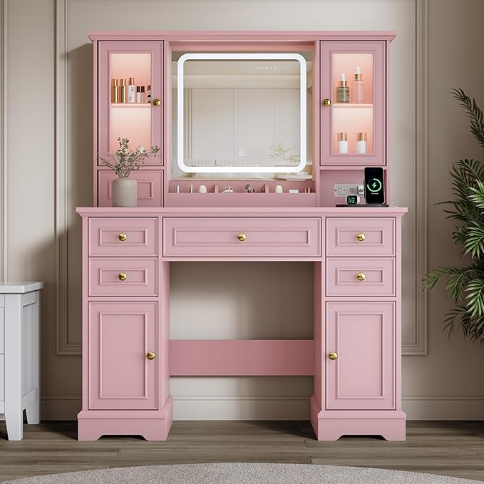 Vanity Desk with Mirror & Lights, Makeup Vanity with Power Outlet & USB Ports, Farmhouse Dressing Table, 6 Drawers & 4 Storage Cabinets, RGB Cabinet Lighting, 3-Color Dimmable Mirror