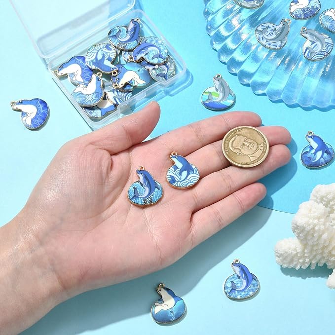 Stiesy 24 Pcs 12 Styles Blue Printed Dolphin Charms Pendants Sea Animal Enamel Alloy Metal Charms for Jewelry Crafts Necklace Bracelets Earring Making DIY Presents