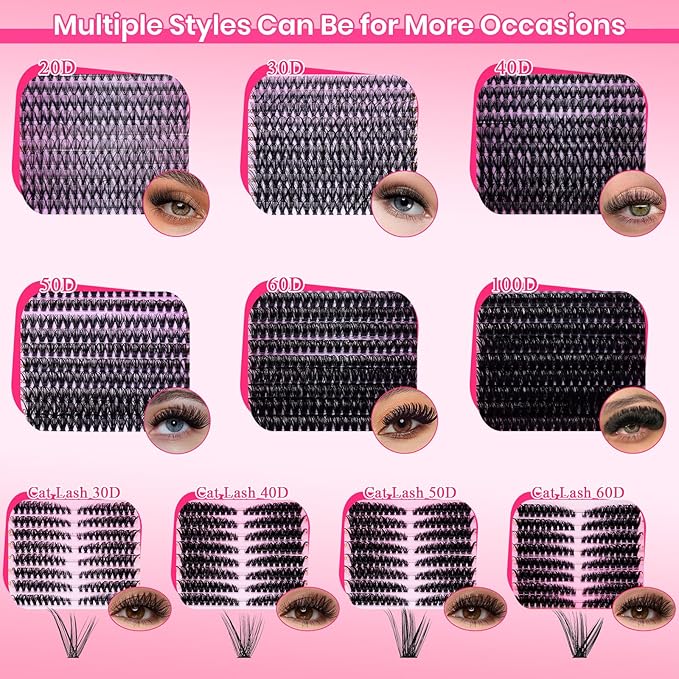 Lash Clusters Kit Eyelash Clusters Kit Cat Eye Lashes Large Pack Cluster Eyelash Extensions Lash Extension Kit Pestañas Postizas Naturales with Lash Bond&Seal,Remover,Tweezers,Cleanser(Lash Kit-5)