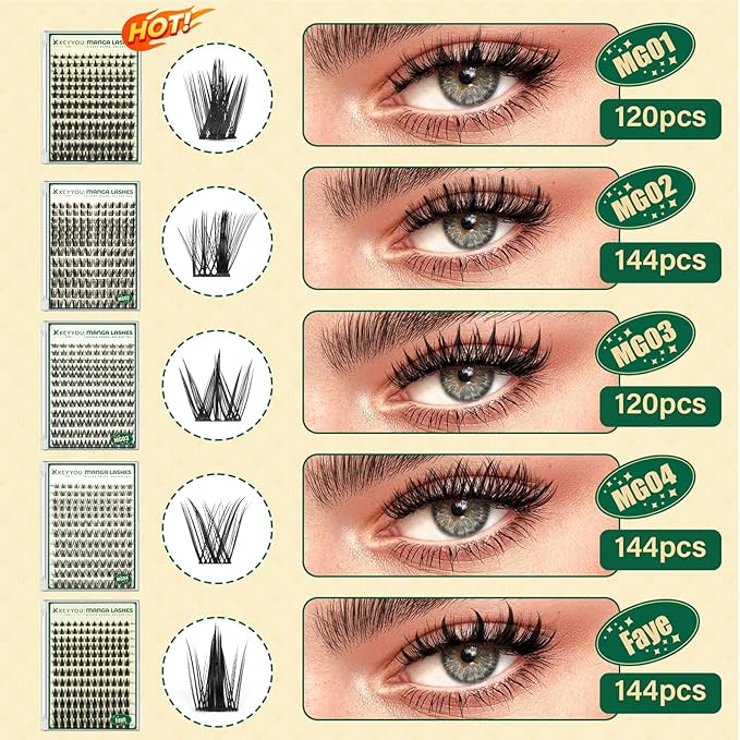 KEYYOU Manga Lash Clusters Kit 8-18mm Eyelash Clusters Kit DIY Lash Extension Natural Fairy Cluster Lashes 144pcs with Lash Bond Seal Remover Applicator Soft Thin Band(Faye)