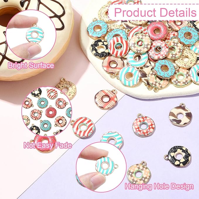 Stiesy 50 Pcs 10 Colors Dessert Donut Charms Pendants Cute Enamel Doughnut Food Alloy Metal Charms Bulk for Jewelry Crafts Necklace Bracelets Earring Making DIY Presents