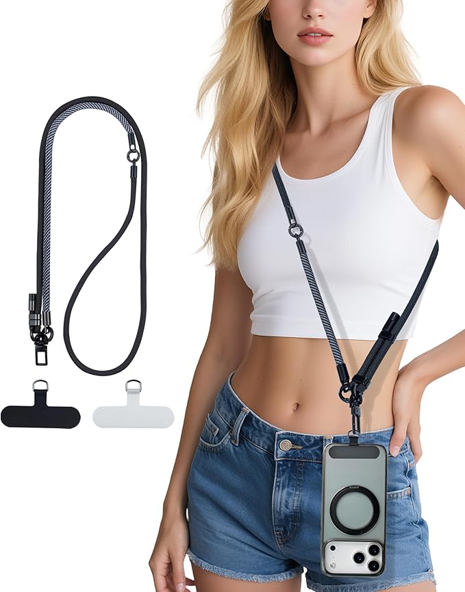 Phone Lanyard Crossbody, 3-in-1 Neck Strap& Wrist Strap, Adjustable Anti-Theft Lanyard with 2 Phone Tether Tabs, Universal Cell Phone Strap for iPhone 17 Pro Max,Travel Essential,Black