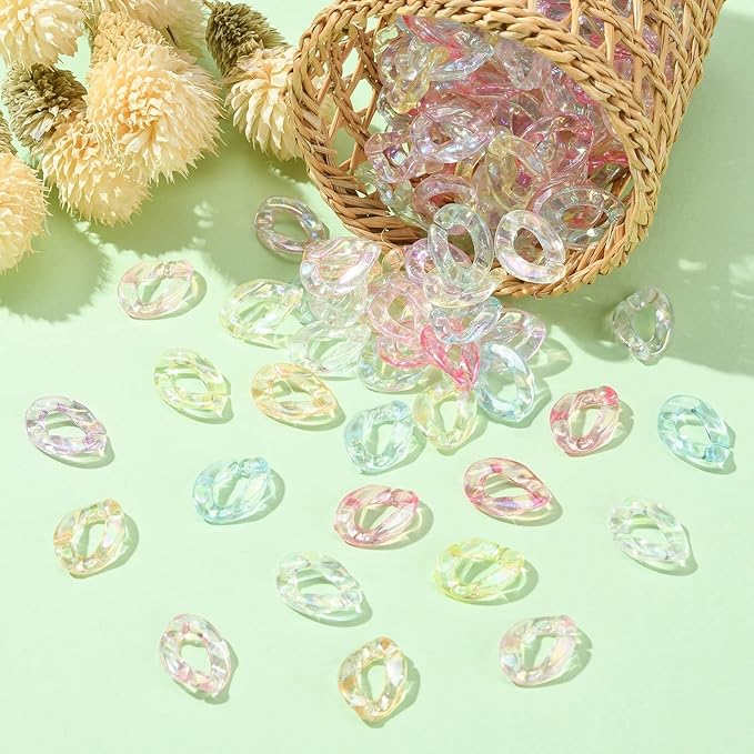 LiQunSweet 100 Pcs Rainbow Color Twisted Oval Transparent Acrylic Plastic Linking Chain Rings Quick Link Connectors for Curb Chain Making - 16x12mm
