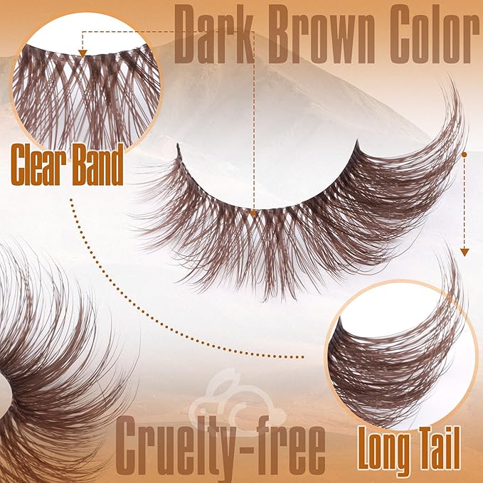 Brown Eyelashes Fairy Lashes Cat Eye Wispy False Eyelashes Strip Lashes Mink Flutter Strip Lashes Brown Fox Eye Long Volume Fake Eyelashes 7 Pairs ALICROWN