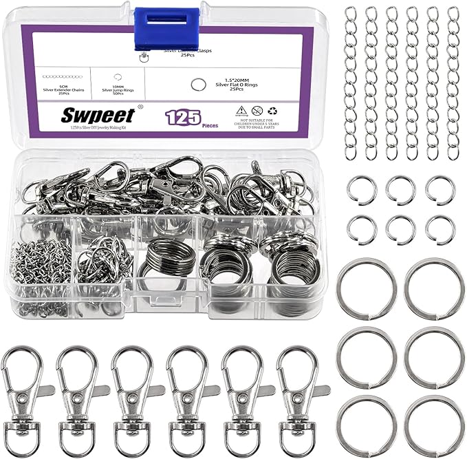 Swpeet 125Pcs Silver Keychain Making Set, 25Pcs Swivel Lanyard Snap Hook, 25Pcs Keychain Ring, 25P Extender Chains, 50P Open Jump Rings, Swivel Lobster Clasps, Keychains Clips