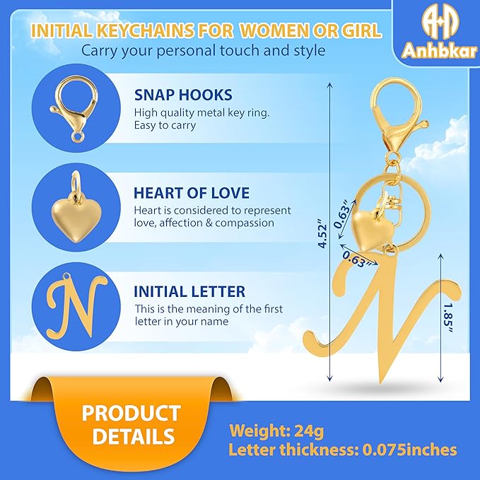 A-Z Heart Initial Letter Keychain, Stainless Steel Alphabet Charm for Handbags, Gift for Women and Girls