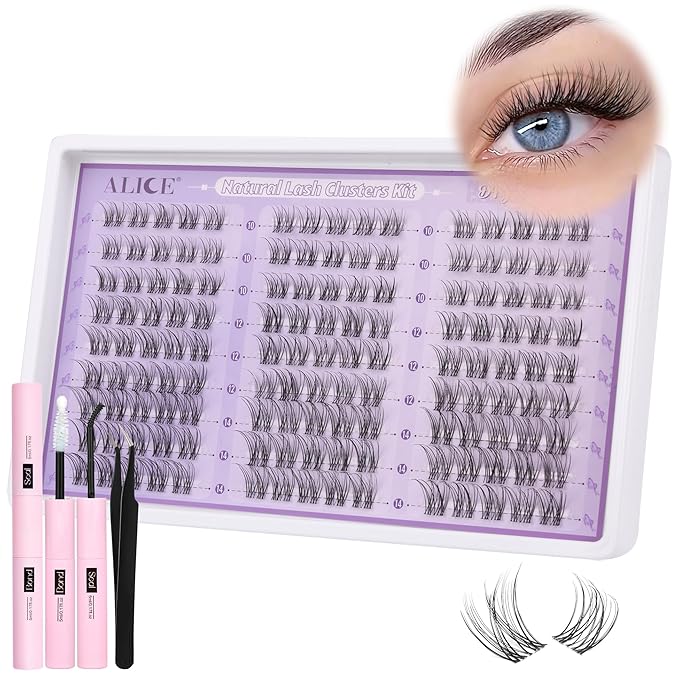 ALICE Natural Lash Extension Kit Lash Clusters Kit Wispy Cluster Eyelash Extension Kit with 135pcs Clear Band C-Curly 10-14mm Eyelash Clusters Lash Glue Bond and Seal