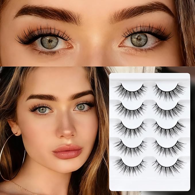 Veleasha Lashes Wispy False Eyelashes 100% Handmade Eyelashes Natural Look Fake Lashes Lightweight Lashes with Soft Cotton Band 5 Pairs Pack (G2-Black Cotton Band)