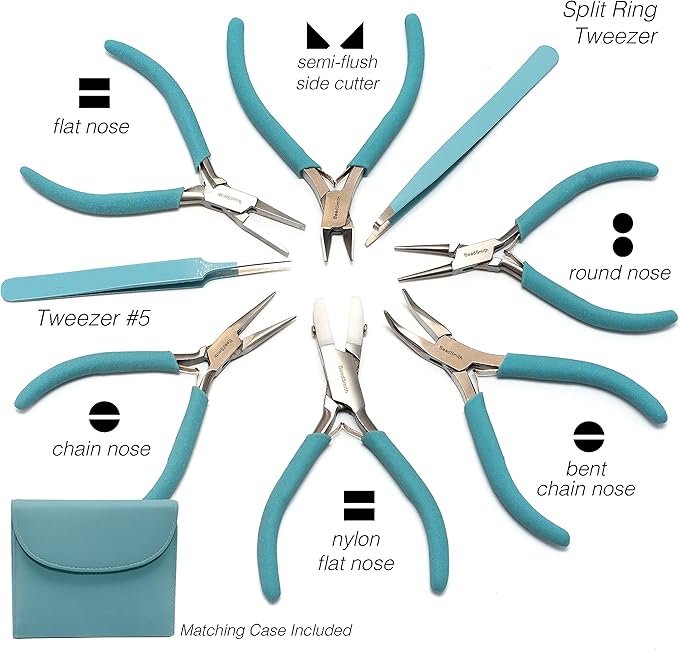 The Beadsmith Fashion Color Pliers – Set of 8 Slimline Color-Coordinated Tools – Matching Clutch in Light Blue – Jewelry Making Supply Kit to Create Necklaces, Bracelets, Earrings & More
