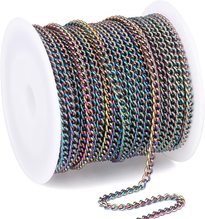 33FT Colorful Stainless Steel Curb Chains Roll, 3mm 304 Stainless Steel Multi Color Flat Twisted Links Curb Chains Bulk Spool for Jewelry Making DIY Craft