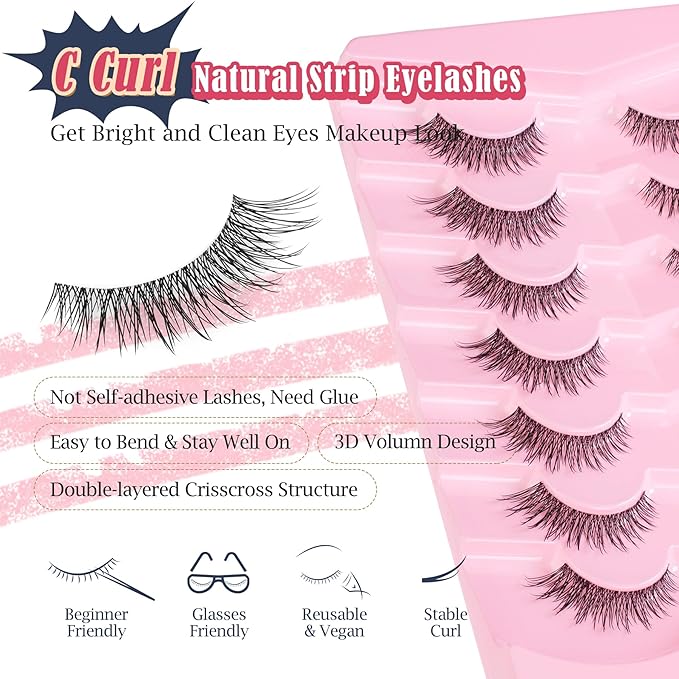 Natural Lashes 14MM Fake Eyelashes Cat Eye Lashes with 0.03MM Thin Band Soft Eyelashes Pack Siligli False Lash Strips 7 Pairs