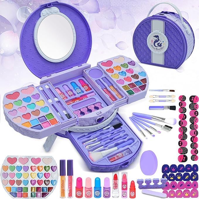 Kids Makeup Sets for Girls - Washable and Safe Makeup for Kids with Dresser Vanity Case, Girls Makeup Sets Ages 3-12, Christmas Birthday Gifts Toys for 4 5 6 7 8 9 Year Old Girl(Purple)