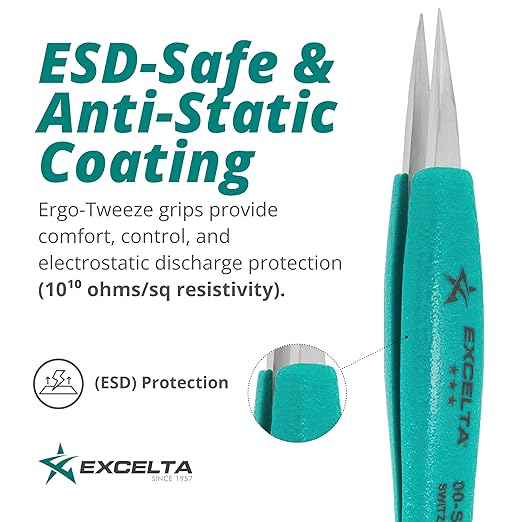 Excelta 00-SA-ET Stainless Steel Precision Tweezers, Straight Medium Point, Anti-Magnetic, ESD-Safe, Heat-Resistant, Anti-Static, Ergonomic, Professional-Grade for Lab, Electronics, Medical & Crafting